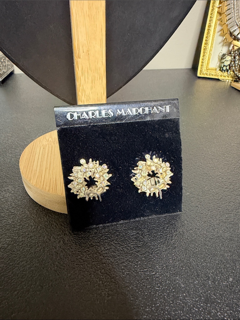 Charles Marchant Silver Crystal Wreath Clip On Earrings AB Aurora Borealis NOS